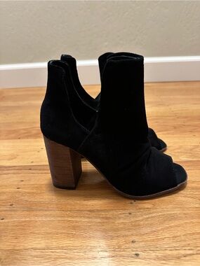 Black Suede Peep-Toe Block Heel Ankle Booties